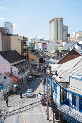 CHIANG MAI , THAILAND - OCTOBER 17 2019 : Topview of Wichayanon Road, Near Kad Luang or Wa Ro Rod Market, Central Business of Chiangmai.