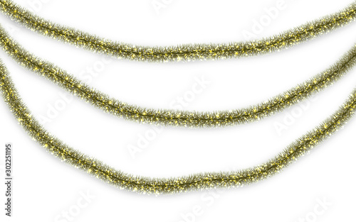 Christmas or New Year traditional decorations. Hanging glitter Xmas tinsel garland. Decor element. Vector illustration