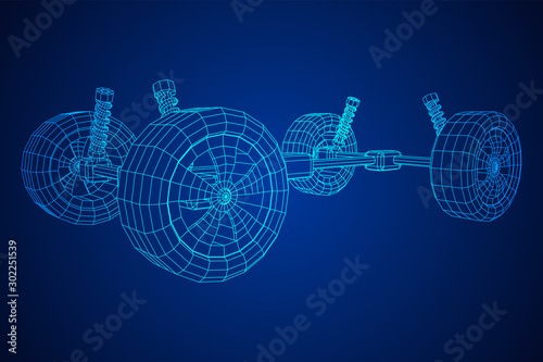 Chassis steering rack. Wireframe low poly mesh vector illustration. Auto service repair car concept.