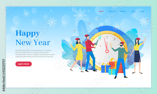 Happy new year vector, celebration of winter holidays by people. Friends by clock and presents. Colleagues wearing stan hats and opening champagne. Website or webpage template, landing page flat style