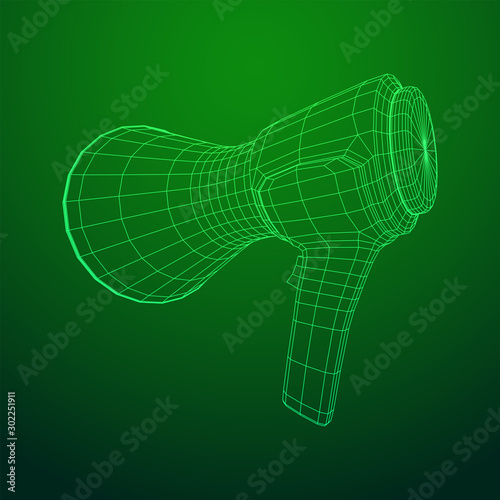 Megaphone or bullhorn for amplifying voice for protests rallies or public speaking. Wireframe low poly mesh vector illustration