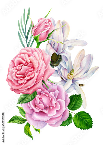 bouquet of flowers  magnolia and pink rose with green leaf  beautiful flower on a white background  watercolor illustration  botanical painting