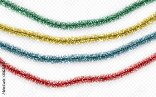 Christmas or New Year traditional decorations. Hanging glitter Xmas tinsel garland. Decor element. Vector illustration