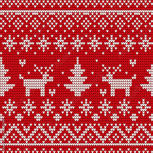 Holiday decorative background vector. Winter sweater with embroidery of snowflakes and reindeers, fir or spruce. Xmas white ornament seamless pattern illustration. Christmas celebration backdrop
