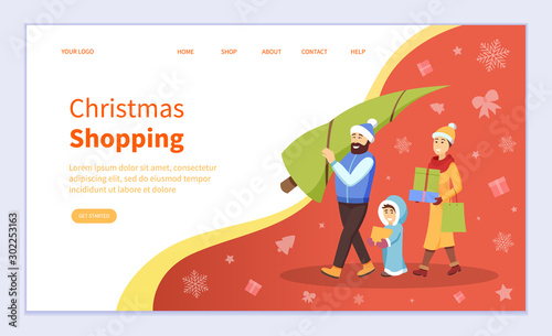 Smiling father and mother holding fir-tree, son with present box. Christmas shopping and preparation online. Family going with Xmas tree and greetings. Website flat style, landing page vector
