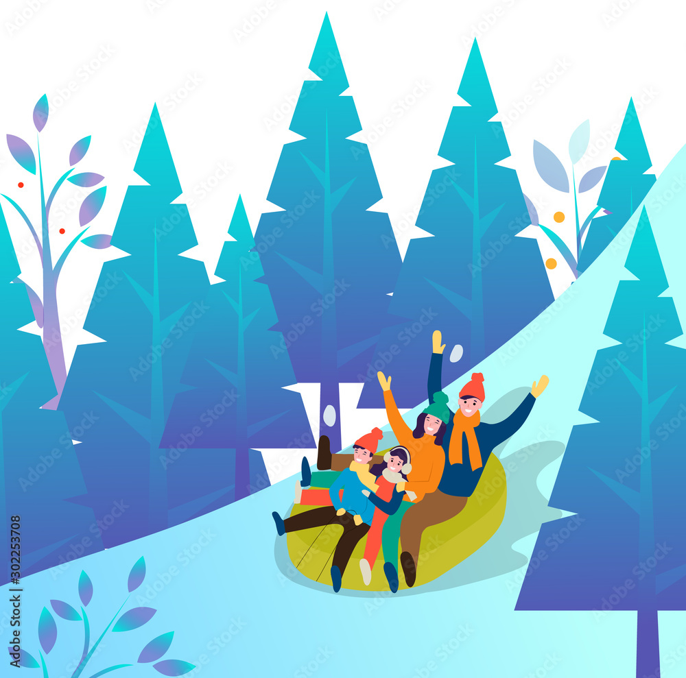 Family on winter vacation vector. Mother and father with daughter and son sloping sitting in tube. Landscape in cold season with pine trees and foliage. Snowy hill and happy parents with children Family on winter vacation vector. Mother and father with daughter and son sloping sitting in tube. Landscape in cold season with pine trees and foliage. Snowy hill and happy parents with children