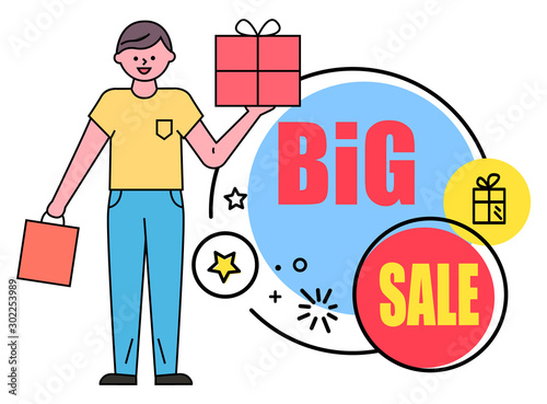 Big sale vector, promotional banner with shopper in flat style. Personage holding gift bought in shop for holidays. Box decorated with ribbon and wrapping paper. Clearance and big deal from store