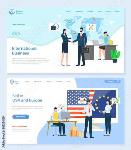 Sell in USA and Europe, international business, worldwide trade. Man and woman handshake, employee working computer, communication with pc vector. Landing page template, website or webpage flat style