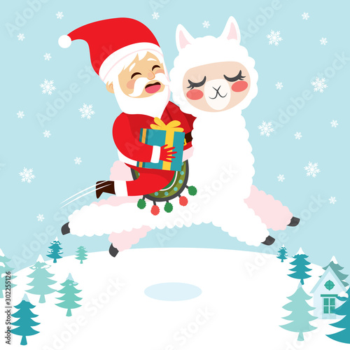 Funny cute Santa Claus holding present riding lovely alpaca flying over snowy background