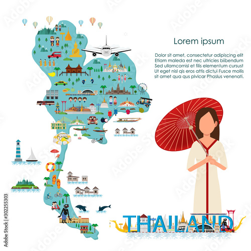 Thailand map. Landmarks and Northern Thai girl. Vector illustration