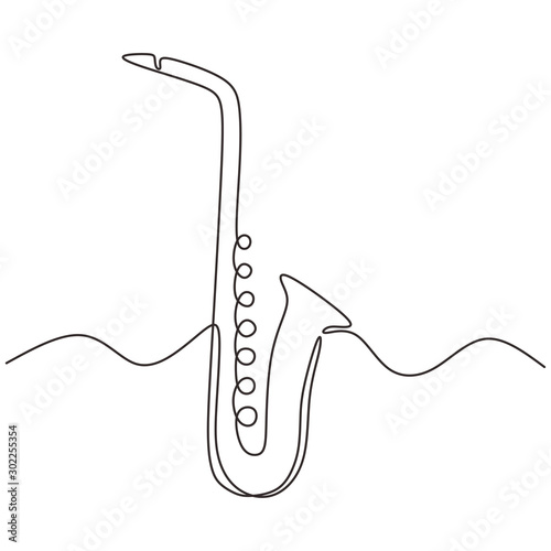 Saxophone jazz music instrument one continuous line drawing vector. Illustration of single hand drawn minimalism isolated on white background.