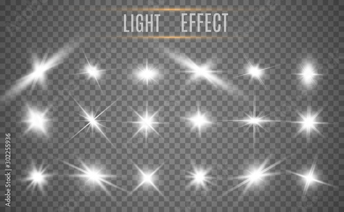 Set of bright beautiful stars. Light effect. Bright Star. Beautiful light to illustrate. Christmas star. White glitter sparkles with special light effect. Vector sparkles on a transparent background.