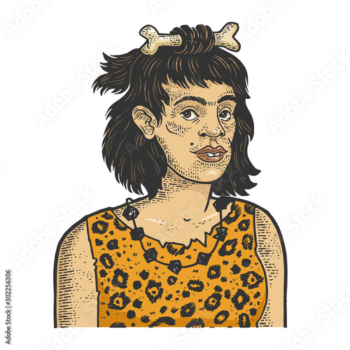 Primitive caveman human woman sketch engraving vector illustration. T-shirt apparel print design. Scratch board style imitation. Black and white hand drawn image.