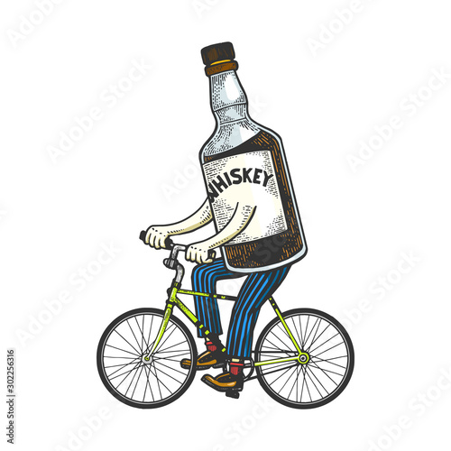 Whiskey bottle rides bicycle sketch engraving vector illustration. T-shirt apparel print design. Scratch board style imitation. Black and white hand drawn image.