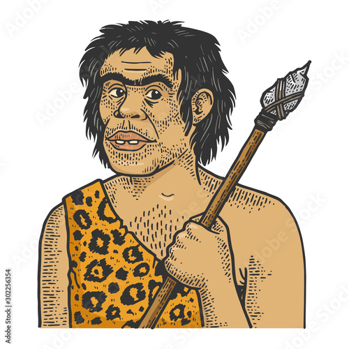 Primitive caveman human sketch engraving vector illustration. T-shirt apparel print design. Scratch board style imitation. Black and white hand drawn image.