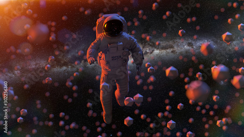 astronaut flying between geometric objects 