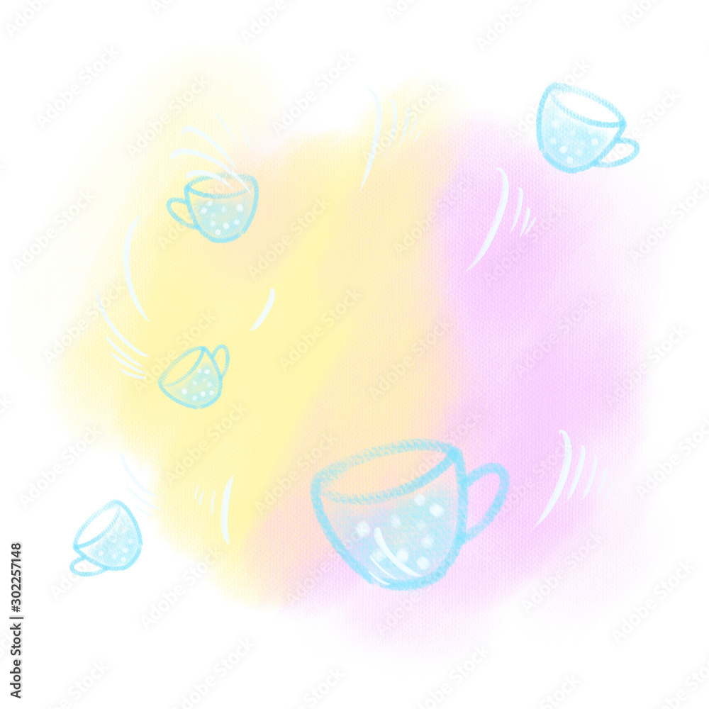 Beautiful pink-yellow background drawn with pastel pencils on it cute blue cups with white polka dots. Abstract illustration for print. Place for text.