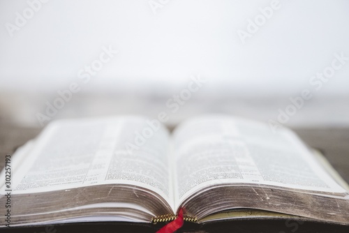 Stampa su tela Closeup shot of an open bible with a blurred background
