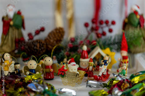 Christmas collection, gifts and decorative ornaments, on a Christmas background. photographic still life.