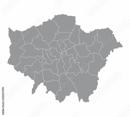 A gray London map divided into regions
