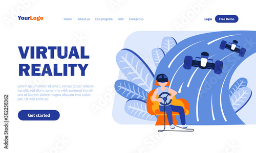 Virtual reality vector landing page template with header. Simulated environment, game immersion web banner, homepage design with flat illustrations. Online gamer cartoon character. Technology concept