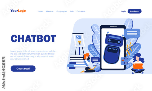 Chatbot flat landing page template with header. Online support, dialog help service web banner, homepage design. Robot assistant mobile app vector illustration. Virtual communication concept