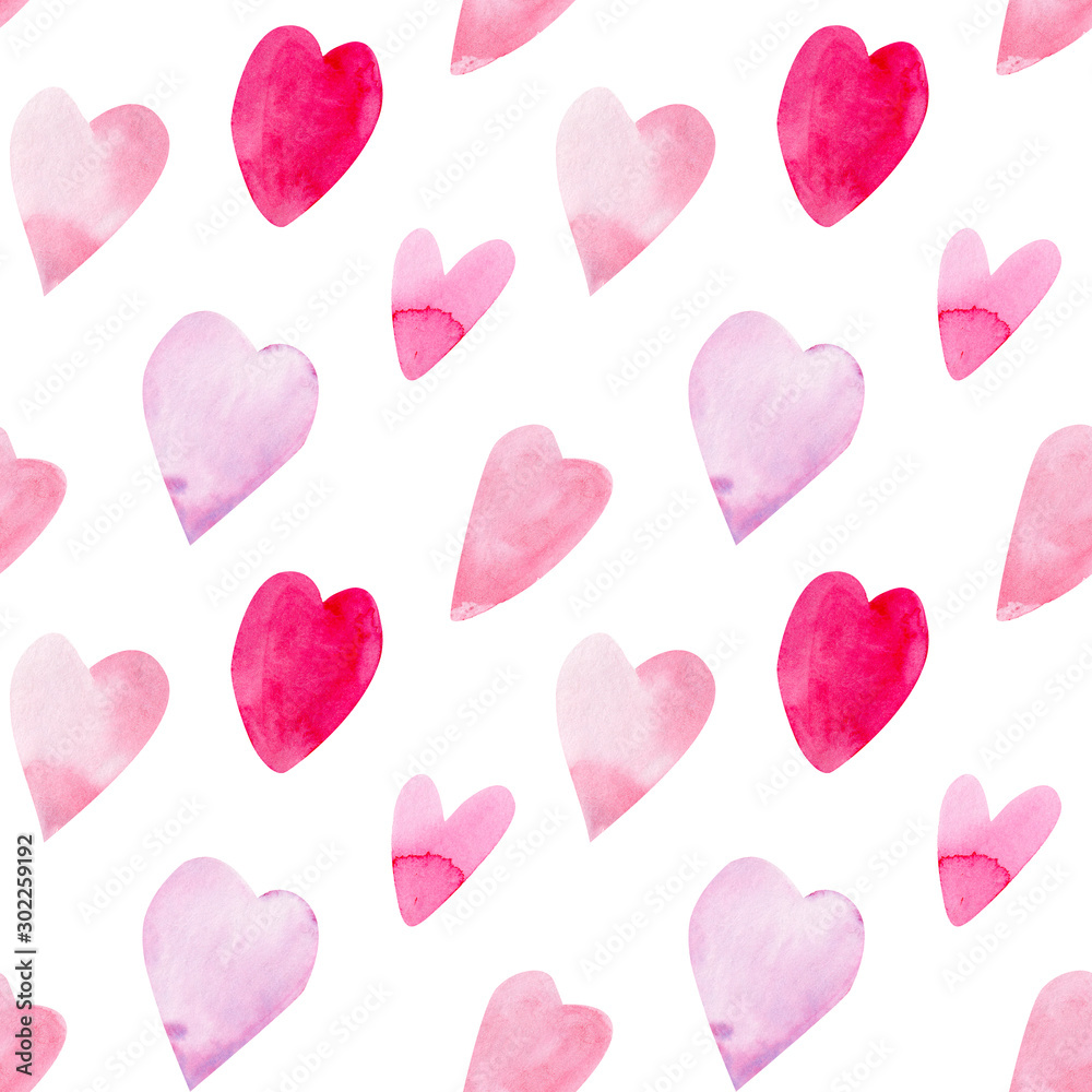 Seamless pattern, valentine's day, love, pink hearts, watercolor illustration on an isolated white background