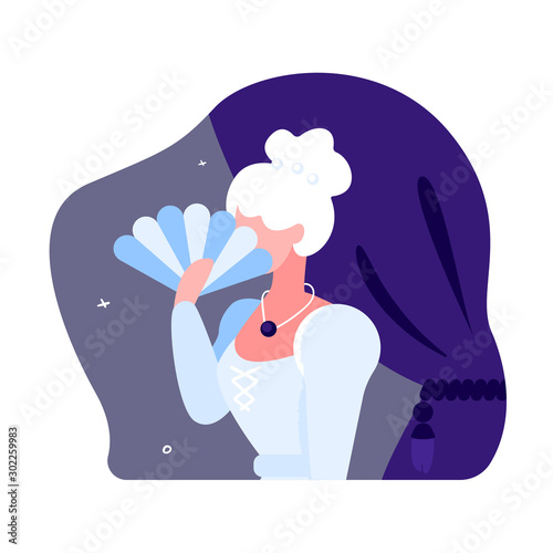 Theatrical actress profession concept. Woman with a fan in a medieval ball gown. She stands on stage against the backdrop of curtains.