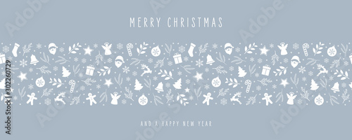 Christmas icon elements border decoration card with greeting text seamless pattern ice blue background.
