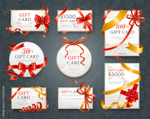 Gift cards with inscriptions and sum vector. Paper certificate decorated by red ribbons and decorative bow. Greeting gift voucher with special occasion or event. Present for birthday or anniversary
