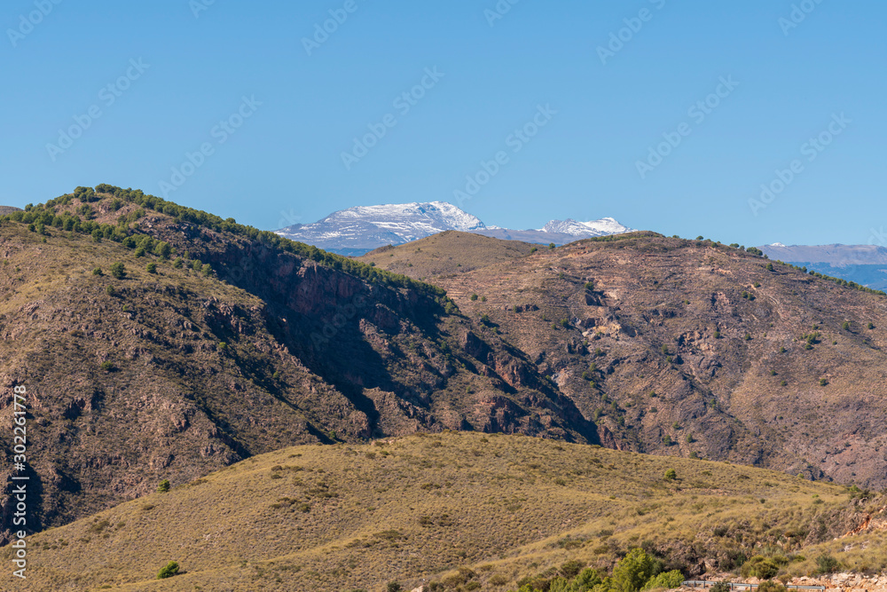 The Mulhacen and Alcazaba from the road from Berja to Beninar
