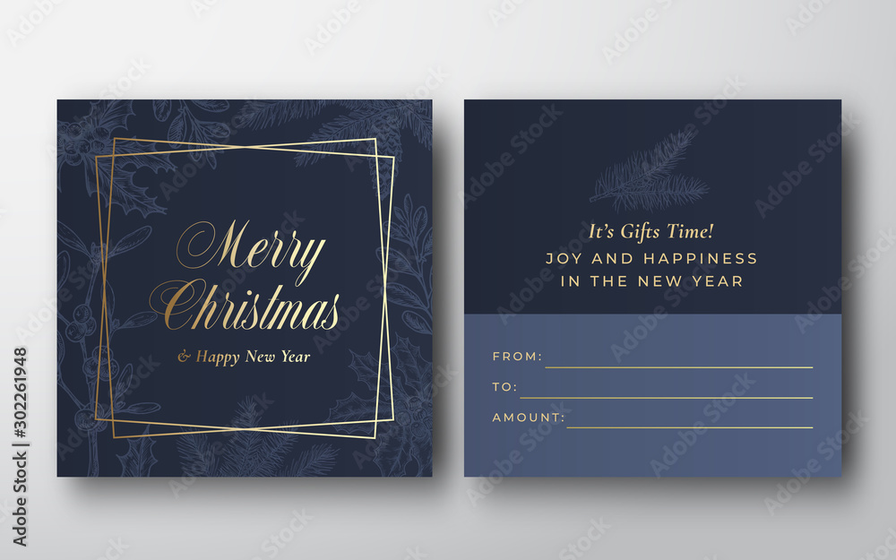 Naklejka premium Merry Christmas Abstract Vector Greeting Gift Card Background. Back and Front Design Layout with Modern Typography. Soft Shadows and Sketch Pine Twigs, Holly and Mistletoe.