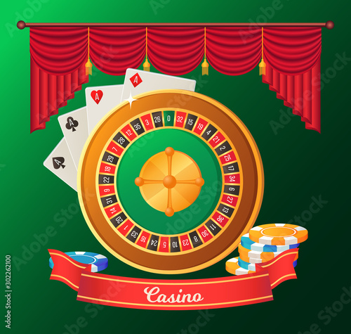 Casino postcard in green color decorated by ribbon, roulette table, ace cards and striped chips. Poster with objects of gambling, entertainment vector