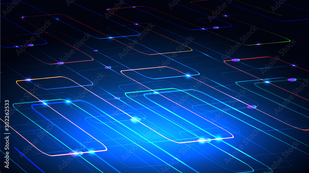 Vector illustration of a techno technology design of luminous lines on a dark blue background. The modern concept of digital technology. EPS 10. Vector illustration of a techno technology design of luminous lines on a dark blue background. The modern concept of digital technology. EPS 10.