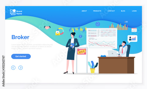 Manager banking, broker character, finance or contract technology. Buyer deal, professional agent, sold board, mortgage or investment online vector. Webpage with links, app slider flat style template
