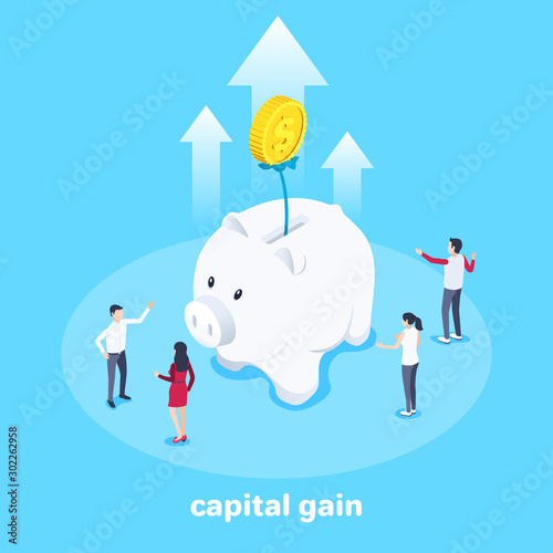isometric vector image on a blue background, men and women stand near a large piggy bank from which a money tree grows, capital growth