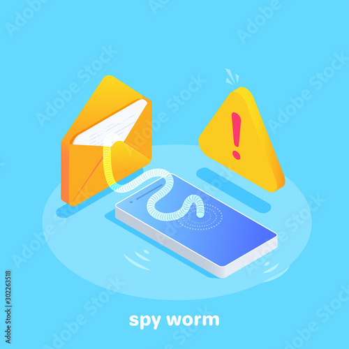 isometric vector image on a blue background, a transparent worm climbs out of an envelope with a letter and climbs into a smartphone screen, an exclamation mark in a triangle