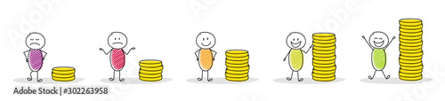 Hand drawn cartoon stickmen with coin stacks - collection. Vector