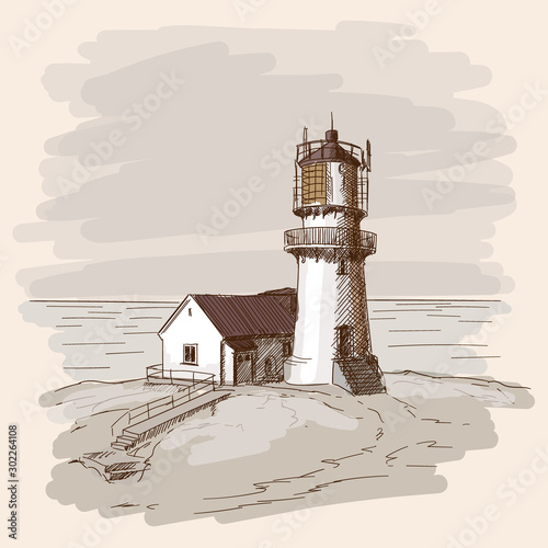 The lighthouse shines on the stone shore. Vector sketch.