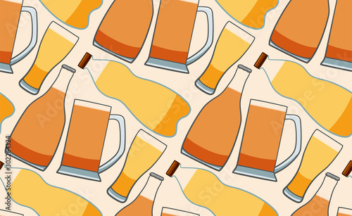 Bottles and glasses of beer seamless pattern