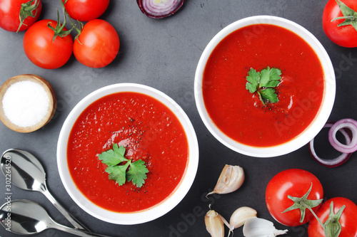 Two plates with gazpacho - traditional Spanish tomato soup 