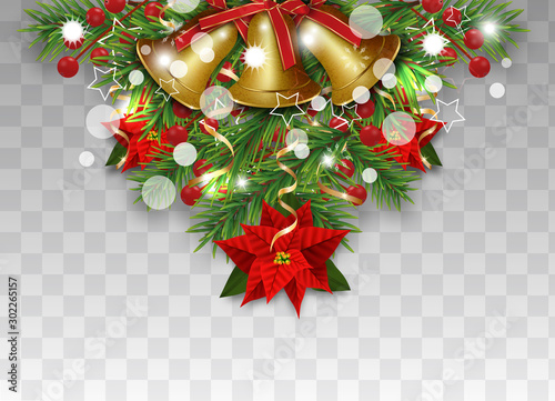 Christmas decorations with fir branches, golden bells, Christmas flowers poinsettia and holly berries. Design element for Xmas and New Year greeting card on transparent background. Vector