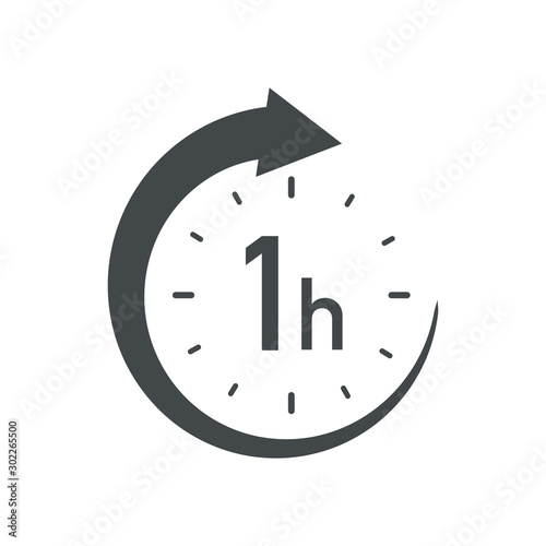 One hour round icon with arrow. Black and white vector symbol.