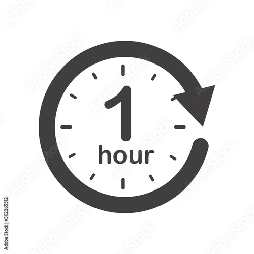 One hour round icon with arrow. Black and white vector symbol.