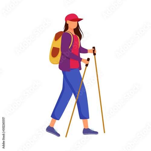 Woman with hiking sticks flat vector illustration. Camping activity. Cheap travelling choice. Active vacation. Budget tourism. Walking tour isolated cartoon character on white background