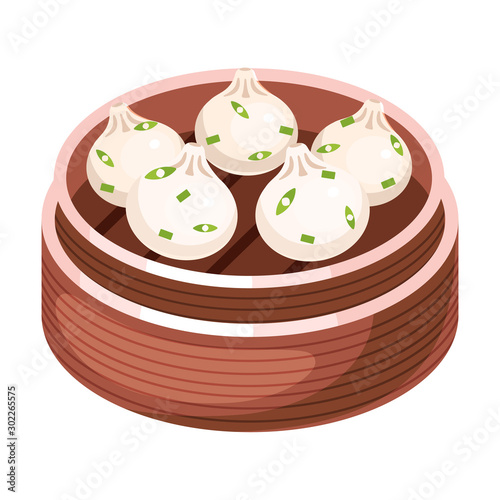 Chinese dim sum color icon. Asian small bite buns in basket. Eastern traditional cuisine. Steamed dish with different fillings. Dumpling with meat, vegetables, spices. Isolated vector illustration