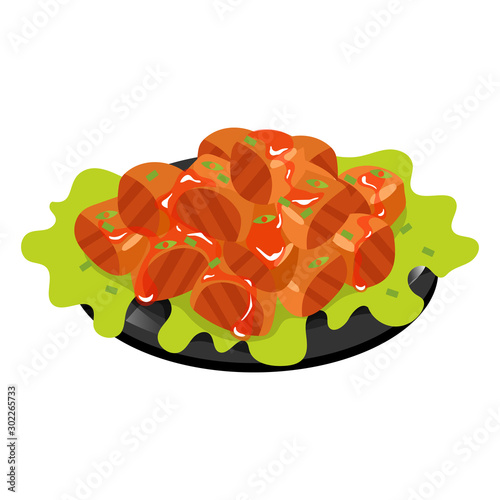 Chinese pork in sweet and sour sauce color icon. Asian meat dish with spices. Eastern traditional cuisine. Braised pork squares with garlic and vegetables. Isolated vector illustration