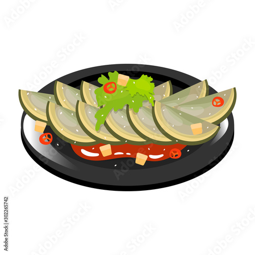 Chinese century egg color icon. Asian dish on black plate. Eastern traditional cuisine. Delicacy food with seasoning. Green dumplings with meat and vegetables. Isolated vector illustration