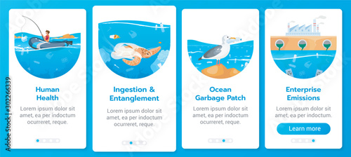 Plastic pollution in ocean problem onboarding mobile app screen vector template. Sea contamination. Walkthrough website steps with flat characters. UX  UI  GUI smartphone cartoon interface concept