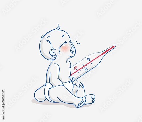 Cute little baby boy sitting on floor with huge thermometer and crying. Vector cartoon illustration